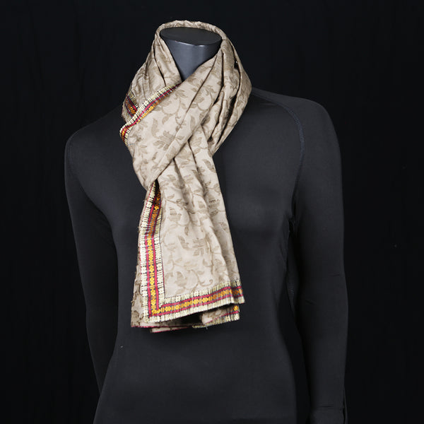 Women's Pure Silk Scarf Khaki Border