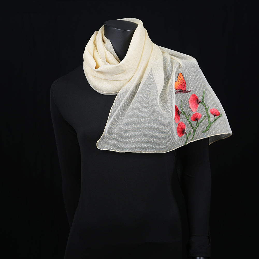 Women's Blended Silk Scarf Cream Woven