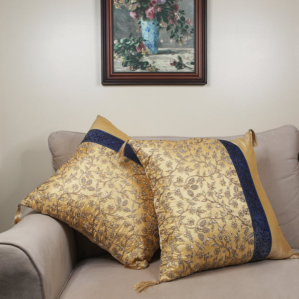 Curry Peepal Throw Pillow Cushion Handmade Silk Square Living Room Bedroom Decor Interior