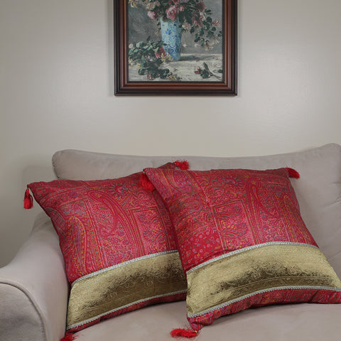 Handmade Decorative Throw Pillow Cushion & Cover -Red Silk