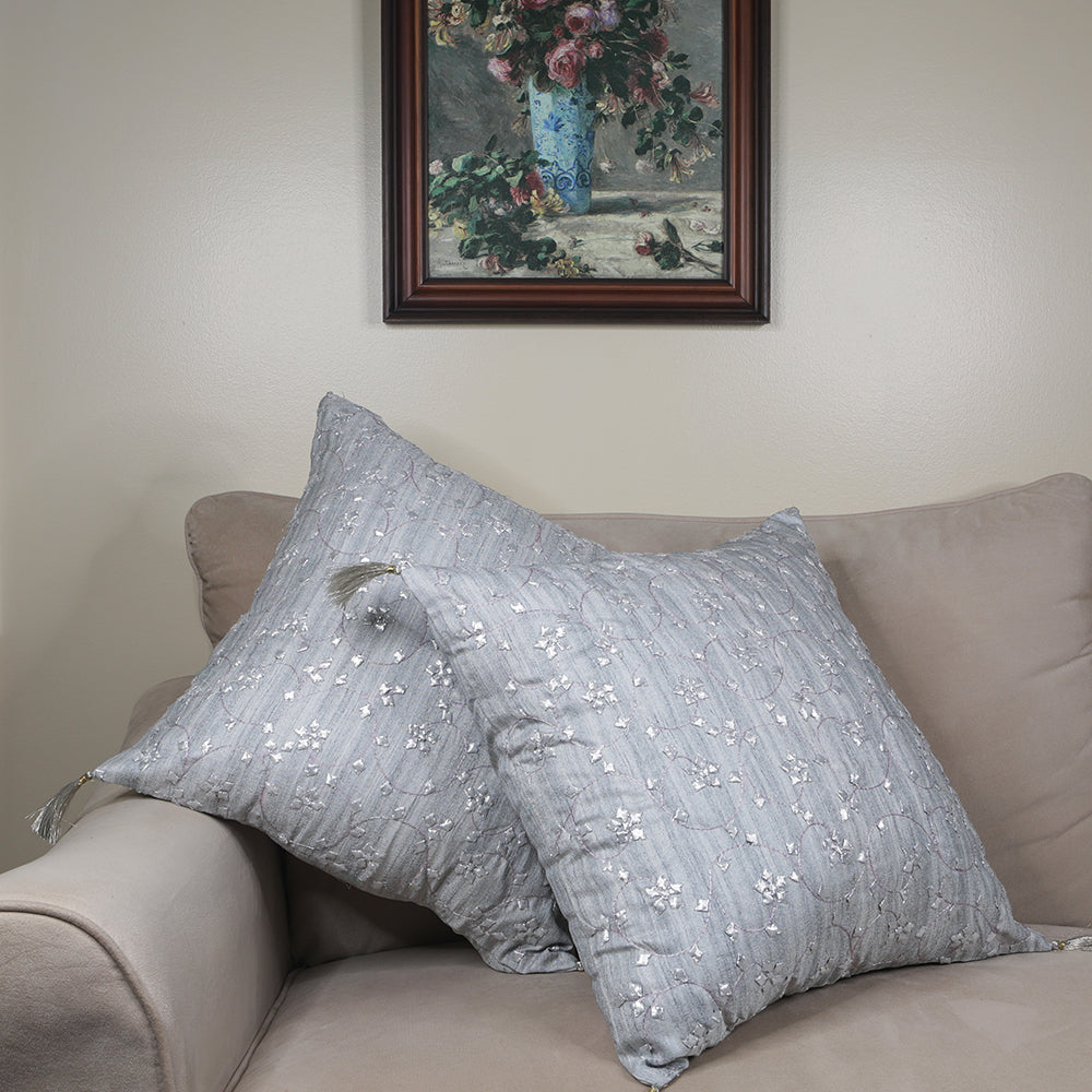 Handmade Decorative Throw Pillow Cushion & Cover Silver Patti Applique