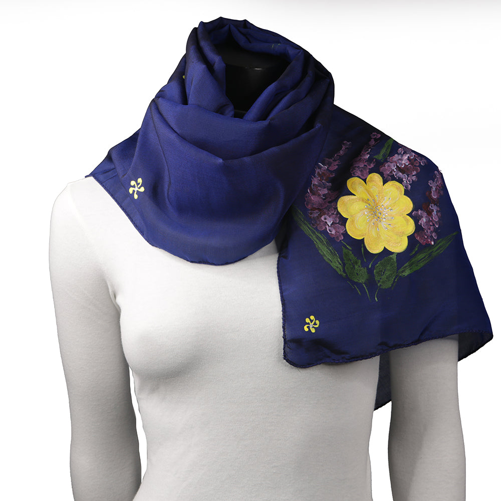 Hand painted Navy Blue Silk Women's Scarf