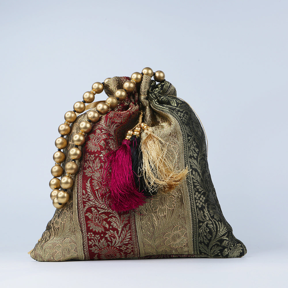 Handmade Potli Bag Zari Tassle Stripes