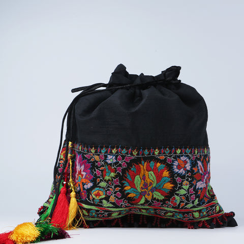 Handmade Potli HandBag Black Embroidered Border