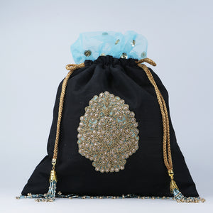 Handmade Potli HandBag Black Zari Motif