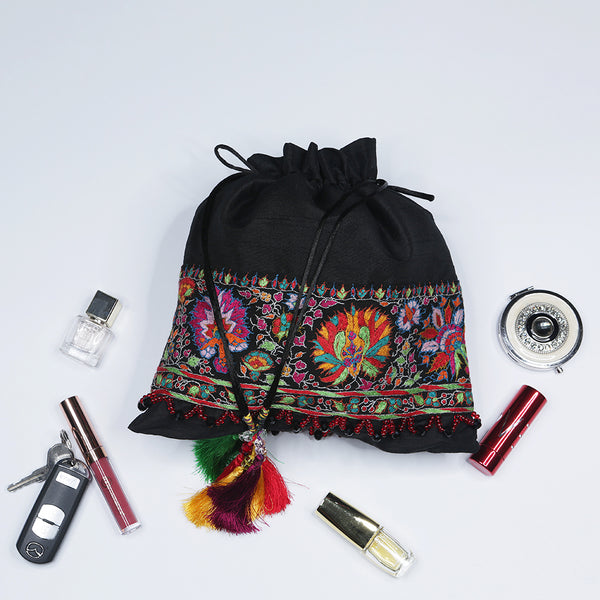 Handmade Potli HandBag Black Embroidered Border