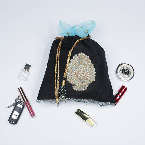 Handmade Potli HandBag Black Zari Motif