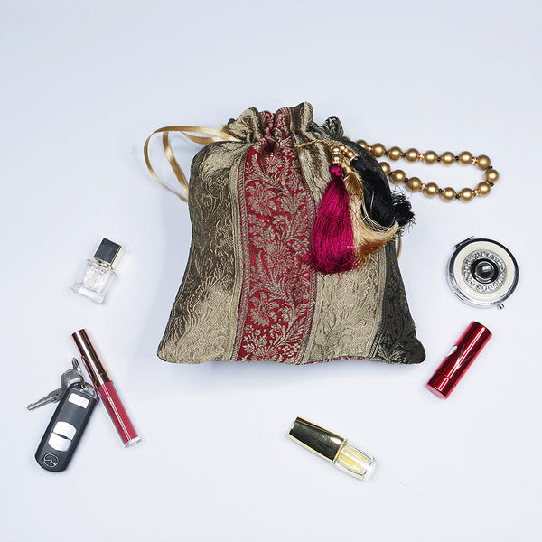 Handmade Potli Bag Zari Tassle Stripes