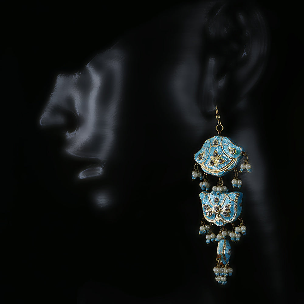 Handmade Traditional 'Lac' Jewellery - Earrings Blue Three Tier