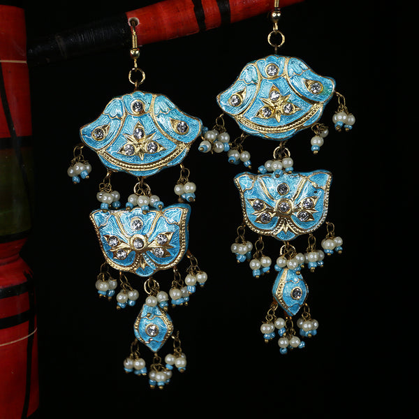 Handmade Traditional 'Lac' Jewellery - Earrings Blue Three Tier