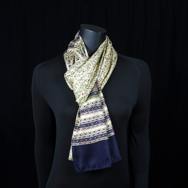 Women's Pure Silk Scarf - Blue Cream Jaal