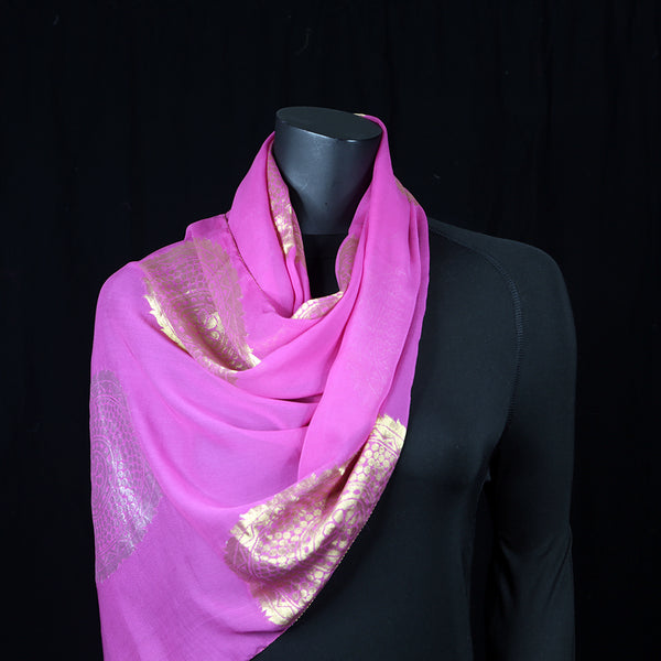 Curry Peepal Scarf Silk Chiffon Handmade Embroidery