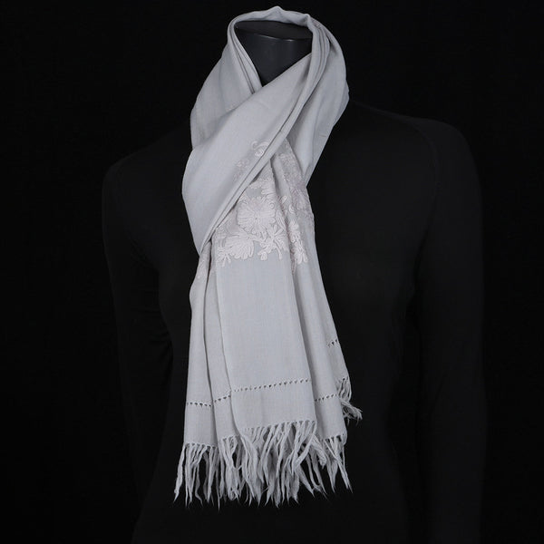 Hand embroidered Scarf Floral Pattern - Kashmir Grey