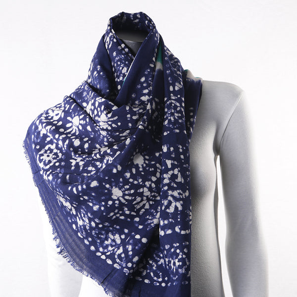 Blended Cotton Viscose Women's Scarf Batik Print Blue Green Leaf Print large size, ideal for hijab or head scarf or for pairing with formal / informal outfits.