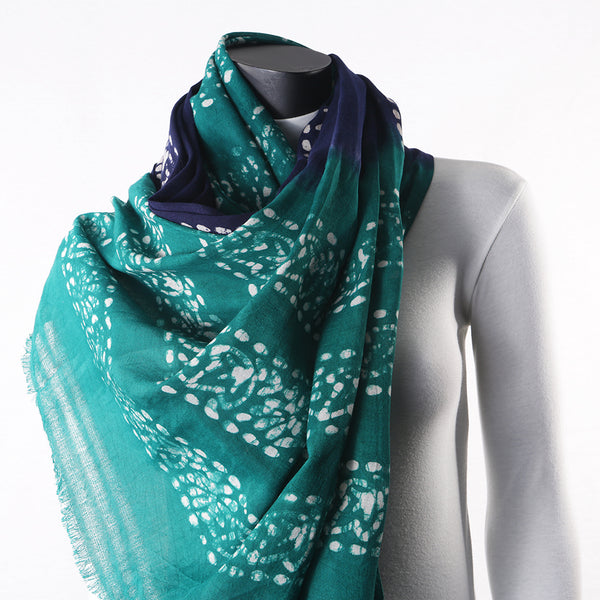 Blended Cotton Viscose Women's Scarf Batik Print Blue Green Flower Print large size, ideal for hijab or head scarf or for pairing with formal / informal outfits.