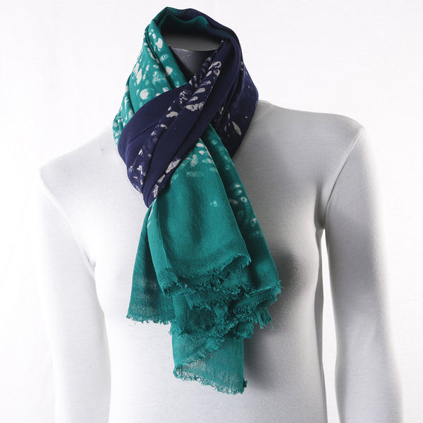 Blended Cotton Viscose Women's Scarf Batik Print Blue Green Leaf Print large size, ideal for hijab or head scarf or for pairing with formal / informal outfits.