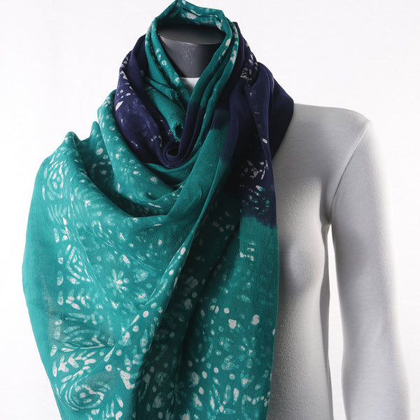 Blended Cotton Viscose Women's Scarf Batik Print Blue Green Leaf Print large size, ideal for hijab or head scarf or for pairing with formal / informal outfits.
