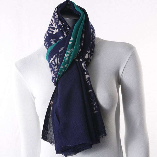 Blended Cotton Viscose Women's Scarf Batik Print Blue Green Leaf Print large size, ideal for hijab or head scarf or for pairing with formal / informal outfits.