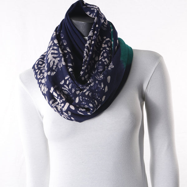 Blended Cotton Viscose Women's Scarf Batik Print Blue Green Leaf Print large size, ideal for hijab or head scarf or for pairing with formal / informal outfits.