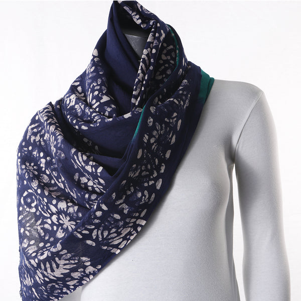 Blended Cotton Viscose Women's Scarf Batik Print Blue Green Leaf Print large size, ideal for hijab or head scarf or for pairing with formal / informal outfits.