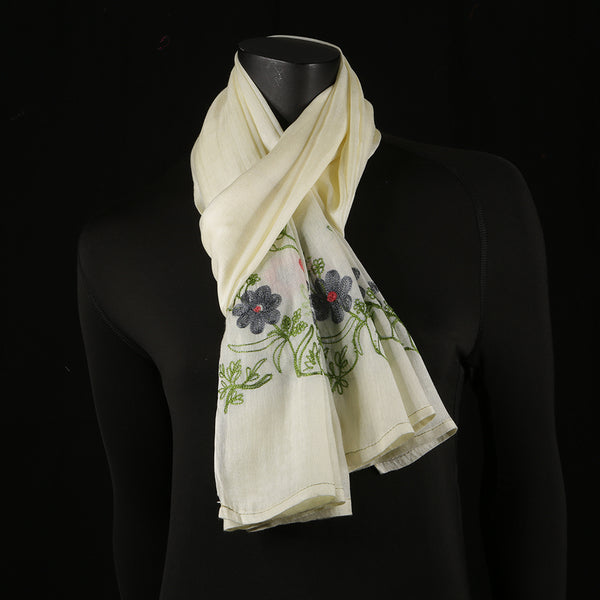 Hand Embroidered Soft Viscose Women's Scarf Large - Green Garden
