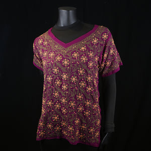 Women's Top Shirt Kurti Purple Handmade Embroidery Chikan 