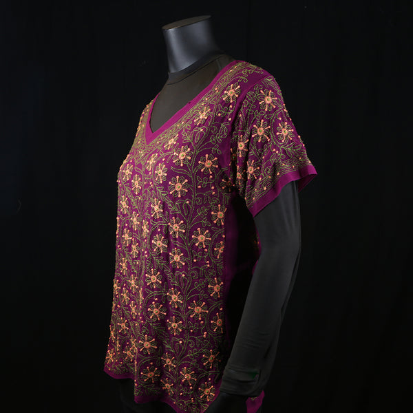 Women's Top Shirt Kurti Purple Handmade Embroidery Chikan 