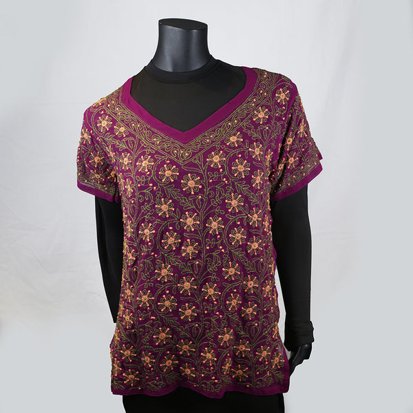 Women's Top Shirt Kurti Purple Handmade Embroidery Chikan 