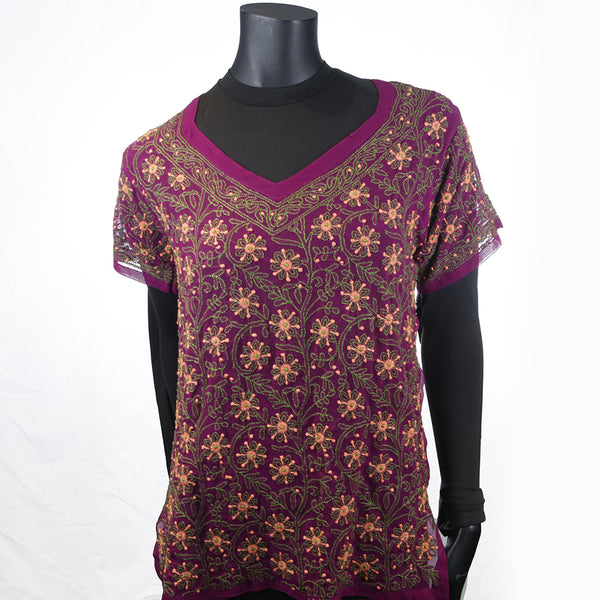 Women's Top Shirt Kurti Purple Handmade Embroidery Chikan 
