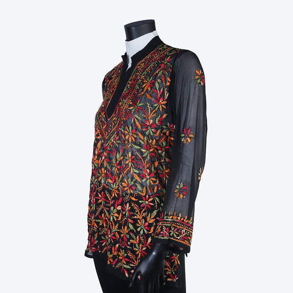 Hand embroidered Women's Kurti Top - Chikan Embroidery - Rainbow Flowers