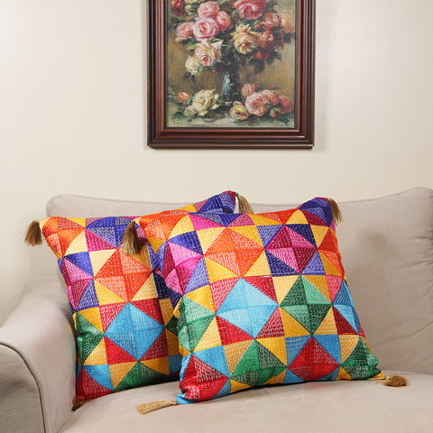 Handmade embroidered decorative throw pillow cushion & covers for home. In silk, cotton, polyester & canvas. Bring your home interior decoration ideas to life. Phulkari embroidery.