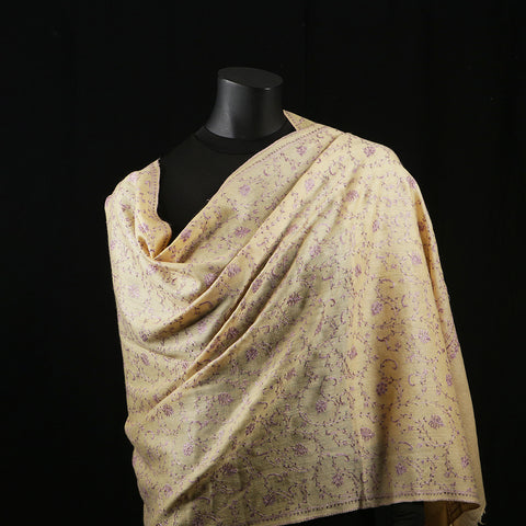 Hand Embroidered Pashmina Shawl / Scarf / Stole - Sozni Egg Nog