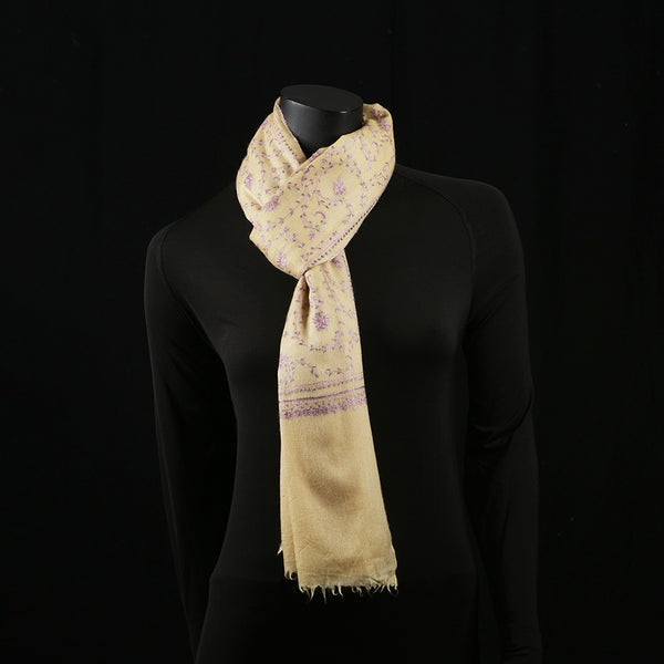 Hand Embroidered Pashmina Shawl / Scarf / Stole - Sozni Egg Nog