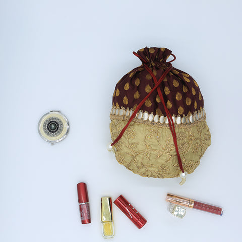 Handmade Potli Bag Maroon Gold