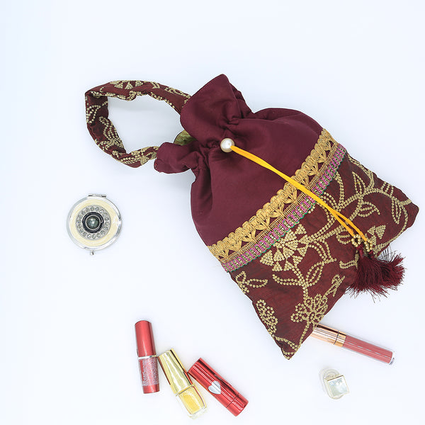 Handmade Potli Bag - Maroon Zari