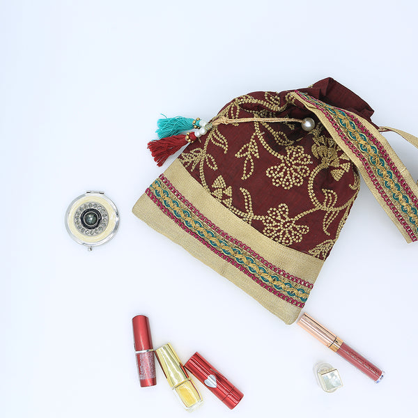 Handmade Potli / Batua Bag - Maroon Zari