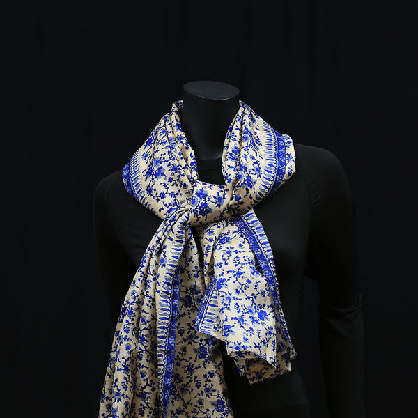 Pure Handwoven Silk Scarf - Blue Flowers