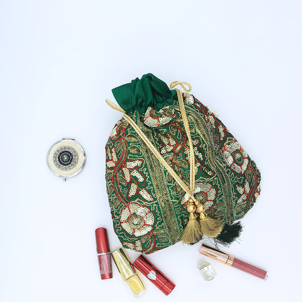 Handmade Potli Bag Green Sequins