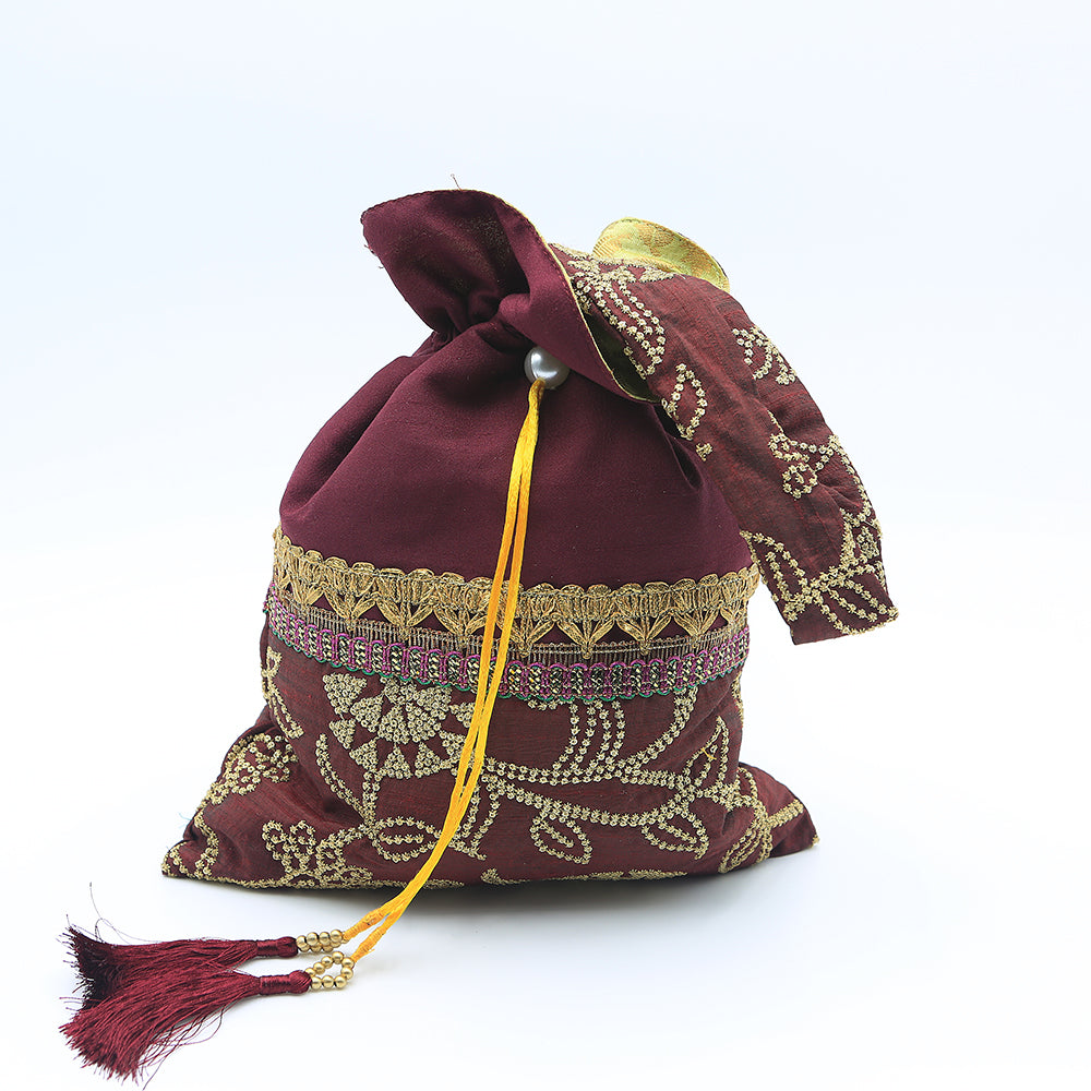 Handmade Potli Bag - Maroon Zari