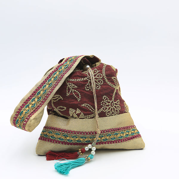 Handmade Potli / Batua Bag - Maroon Zari