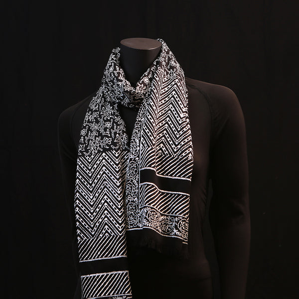Hand printed Wide Silk Scarf - In Black & White