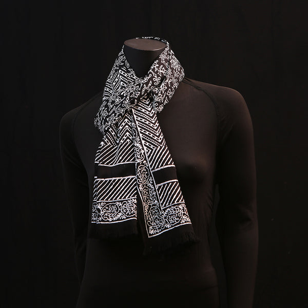 Hand printed Wide Silk Scarf - In Black & White