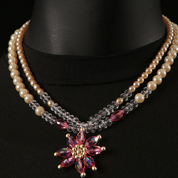 Handmade Crystal & Pearls Necklace - Pink Star