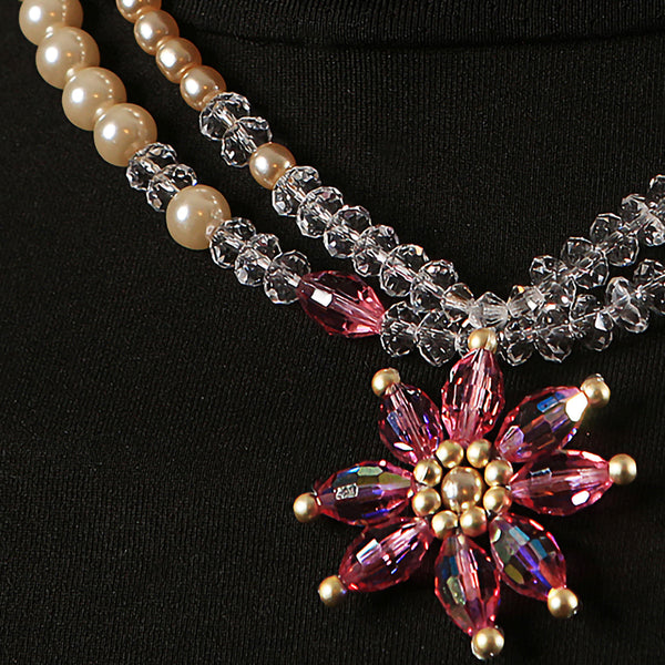 Handmade Crystal & Pearls Necklace - Pink Star