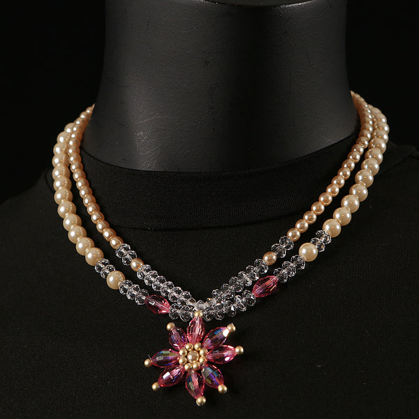 Handmade Crystal & Pearls Necklace - Pink Star