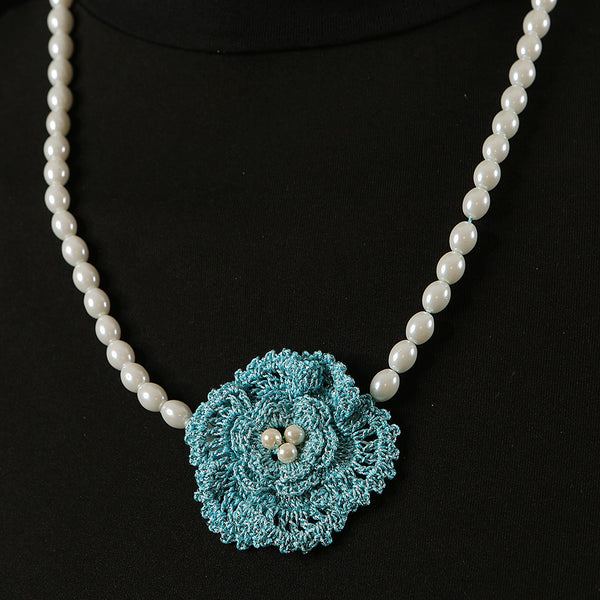 Handmade Crochet Flower and Pearl Necklace