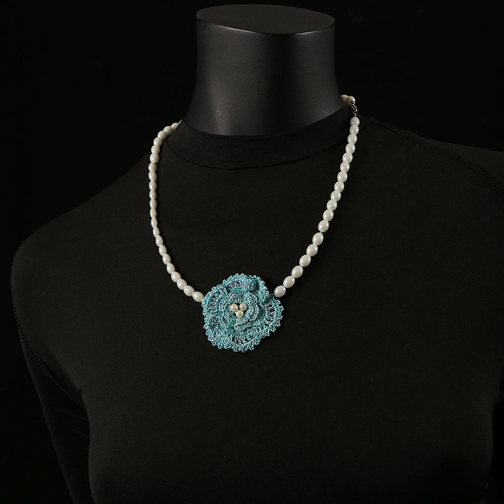 Handmade Crochet Flower and Pearl Necklace