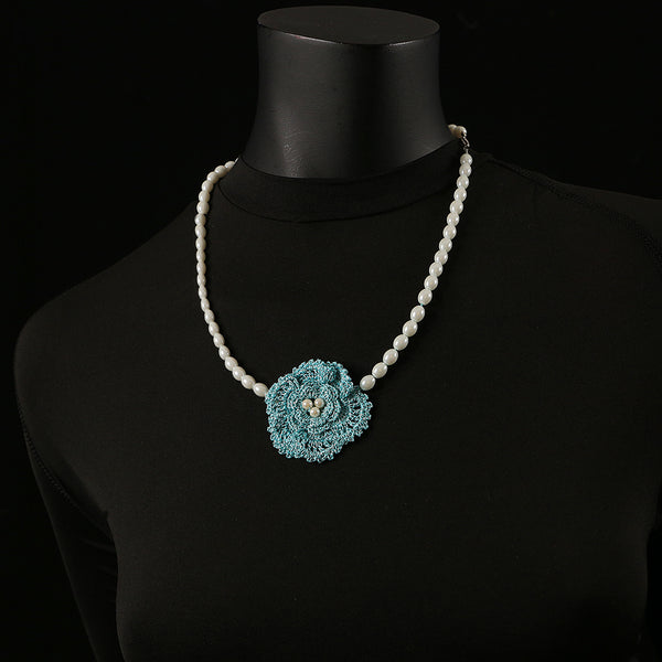 Handmade Crochet Flower and Pearl Necklace