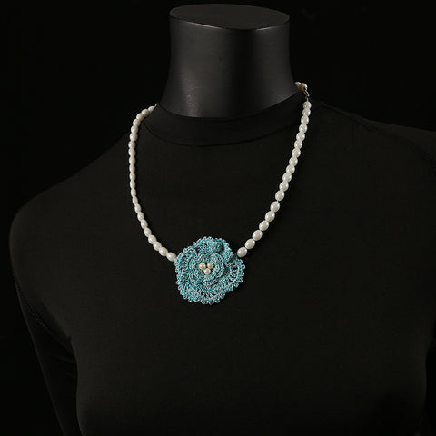 Handmade Crochet Flower and Pearl Necklace