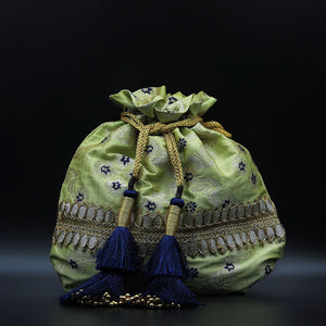 Handmade Potli Bag - Green Banarasi